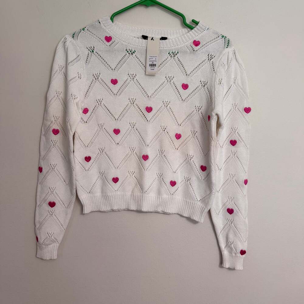 NWT Studio 19 Francesca Heart Sweater XS Open Knit Cute Ivory White